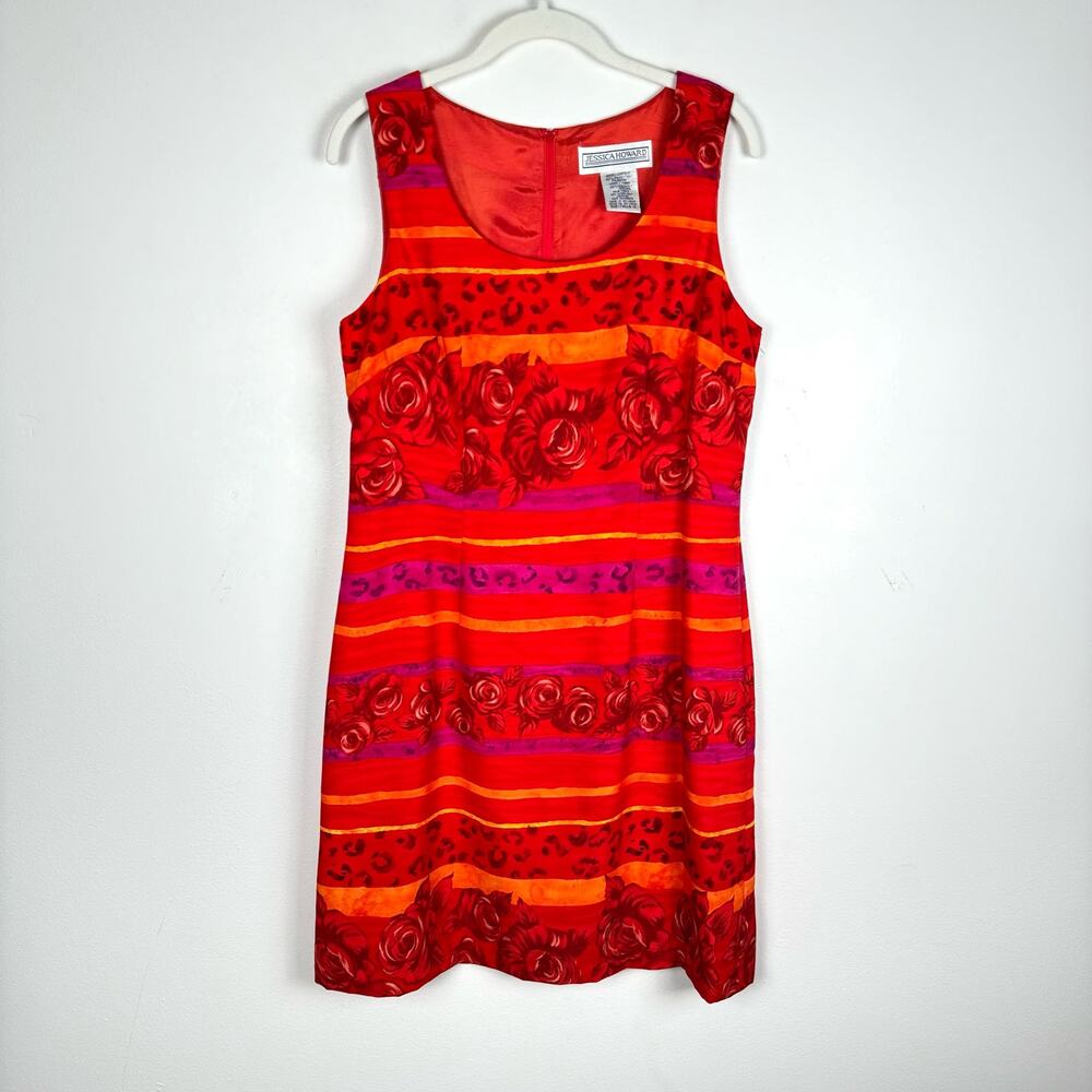 Vintage 80s 90s Floral Mini Dress Red Orange Stripe Size 12 Sheath Sleeveless